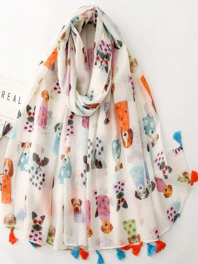 1pc Simple Tassel Fashion Glasses Dog All-Over Print Scarf, Colorful Puppy Tassel Linen Feel Shawl, Vacation Wrap For Women