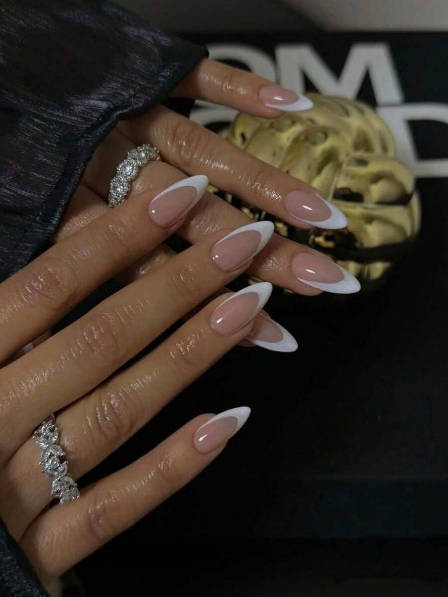 24pcs Almond Shaped Full Cover Press-On Nails For Women, Light Pink To White Gradient French Tips, With 1 Nail File And 1 Jelly Glue - Apricot - View 1