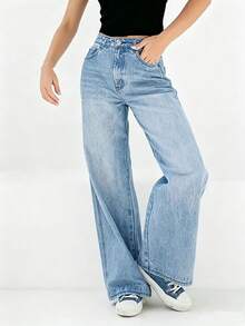 Celana Jeans Kasual Saku Polos Serbaguna untuk Remaja Perempuan - Baby Blue - View 4