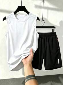 Men's Summer Casual Home Set, Light Gray Solid Color Reflective Strip Night Running Crew Neck Sleeveless Tank Top With Zipper Pocket Shorts 2-Piece Set, Fitness Casual Sports Outfit - White - View 2
