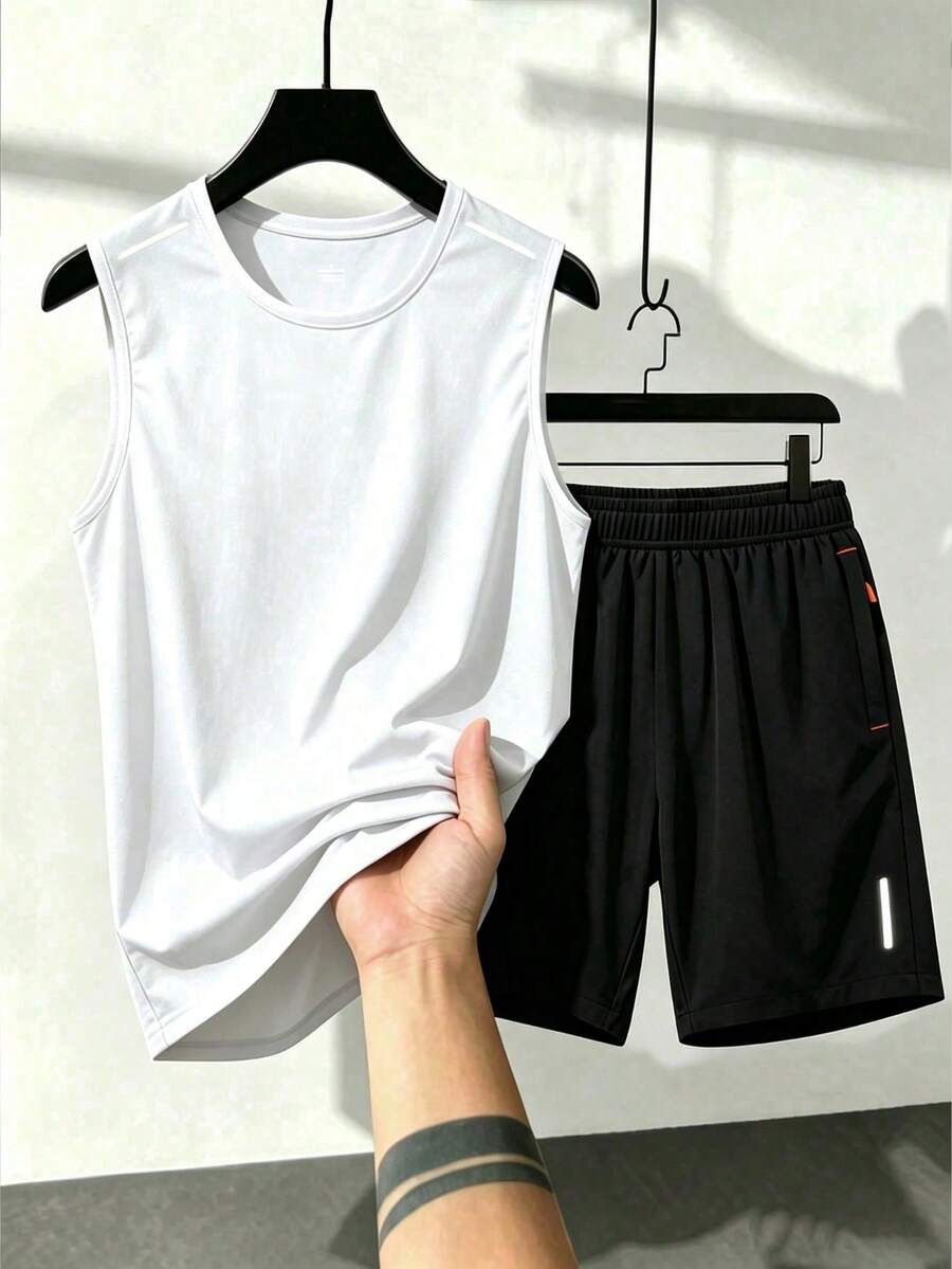 Men's Summer Casual Home Set, Light Gray Solid Color Reflective Strip Night Running Crew Neck Sleeveless Tank Top With Zipper Pocket Shorts 2-Piece Set, Fitness Casual Sports Outfit