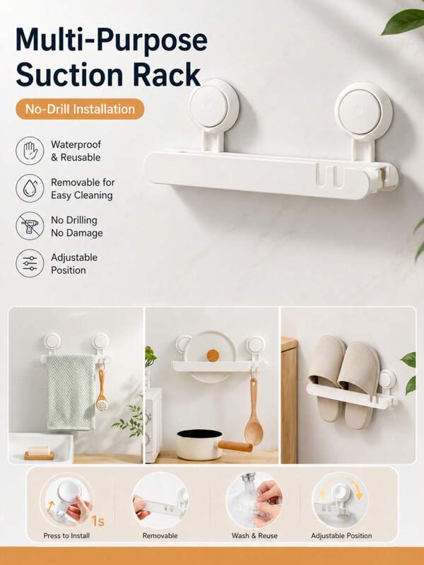 Patent Design No Drill Suction Rack Multi Functional Wall Mounted Storage Organizer Waterproof Reusable Holder For Bathroom Kitchen Slipper Towel Pot Lid