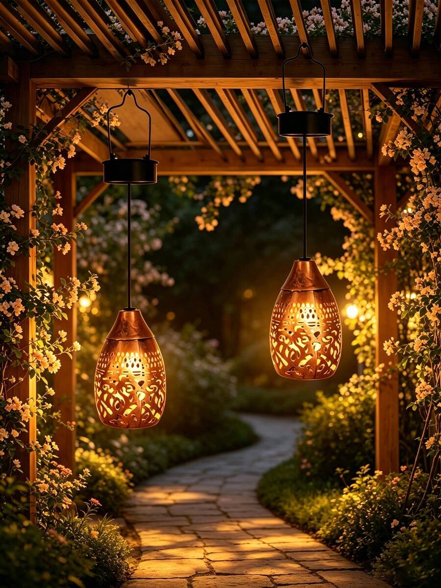 2pcs Solar Hanging Lights, Hummingbird Silhouette Projection Lights, Moroccan Style Metal LED Solar Lights, Warm Light Projection Pattern, Suitable For Garden, Yard, Porch, Balcony, Pathway, Christmas Decoration, Christmas Gift, Best Gift For Family And Friends.