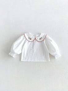 Miniweenns Infant & Toddler Girls Spring/Autumn Denim Embroidered Pinafore Dress With Double Pockets + Embroidered Collar Versatile Blouse, Casual 2-Piece Set - Blue and White - View 11