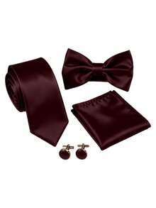 4pcs Men's Business Fashion Versatile Solid Color Polyester Tie & Bow Tie & Pocket Square & Cufflinks Set Suitable For Wedding, Celebration And Daily Wear - Dark Date Red - View 2