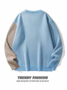 Two-Tone Cute Bear Pattern Intarsia Knit Sweater, Men's Crew Neck Loose Casual Pullover - Blue - View 3