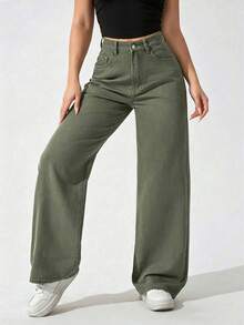 Apricot Color Straight Leg Casual Jeans For Teenage Girls - Army Green - View 3