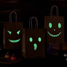 1pc Halloween Glow-In-The-Dark Smiling Face Kraft Paper Gift Bag, Party Candy Trick-Or-Treat Bag, Holiday Gift Packaging Tote Bag - Multicolor - View 3