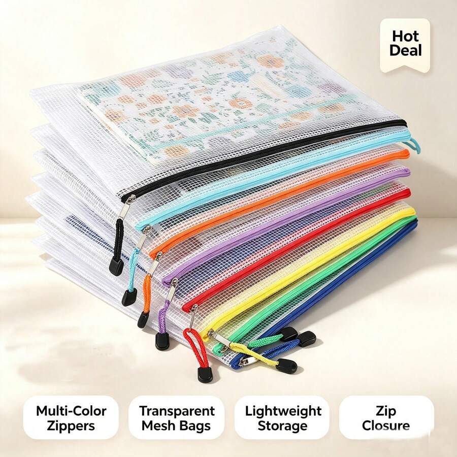 A4 Zipper File Bag, Random Color Mesh Zipper Bag, Puzzle Storage Bag, Transparent Thickened Mesh File Zipper Bag, Document Bag, Suitable For Travel, School, Office, School Supplies, Back To School Season - Multicolor - View 1