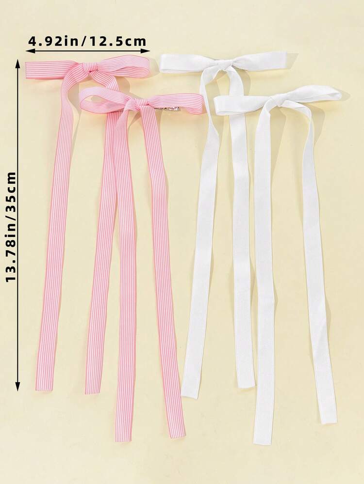 2pcs Fresh Preppy Style Long Ribbon Bow Hair Clips, Striped & Solid Color Satin Ribbon Design, Suitable For Back To School Season Daily Outfit, Girly Vibe Hair Accessories - Multicolor - View 4