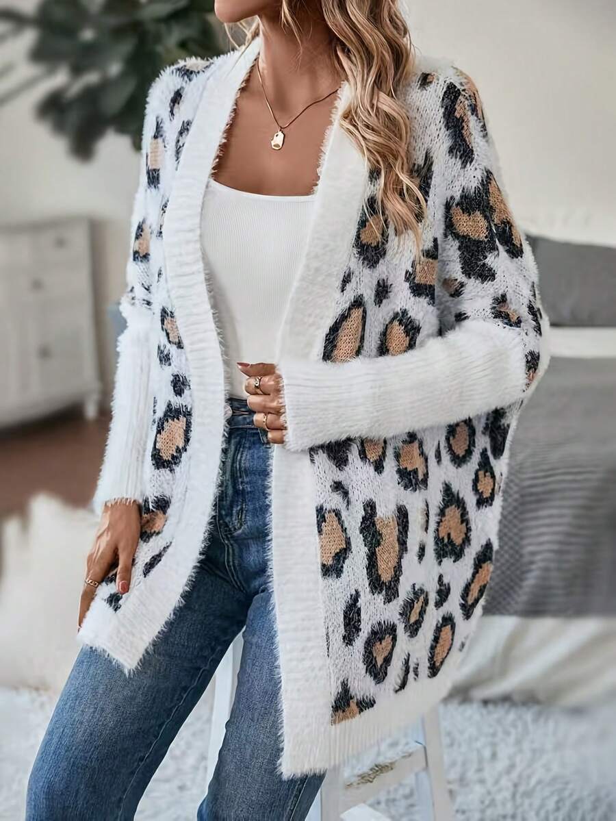 American Vintage Leopard Print Long Sleeve Knit Cardigan Loose Slouchy Slimming Daily Wear Sweater For Women [Random Pattern] - Mixed Colors - View 1