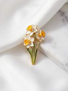 Elegant 3-Stem Narcissus Flower & Leaf Enamel Brooch, Suitable For Shirts, Dresses, Canvas Bags, Decorative Accessory - A - View 9