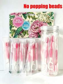 100/60/50/30/20/10/5/1pc Disposable Toothbrush Set, Mini Travel Toothbrush, Teeth Cleaning Brush, Oral Hygiene Tool, Includes Dental Floss, Toothpicks And Tongue Cleaner, Portable Fresh Breath Toothbrush (No Beads), Tongue Scraper, Dental Accessories - Pink - View 3