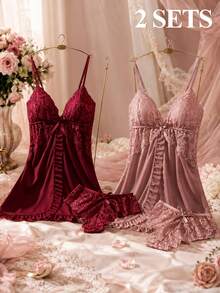 2 Sets Spring/Summer Lace Camisole Sleepwear, Bow & Pleated Design, Sexy V-Neck Lingerie Style Loungewear, Suitable For Date Night - Multicolor - View 5