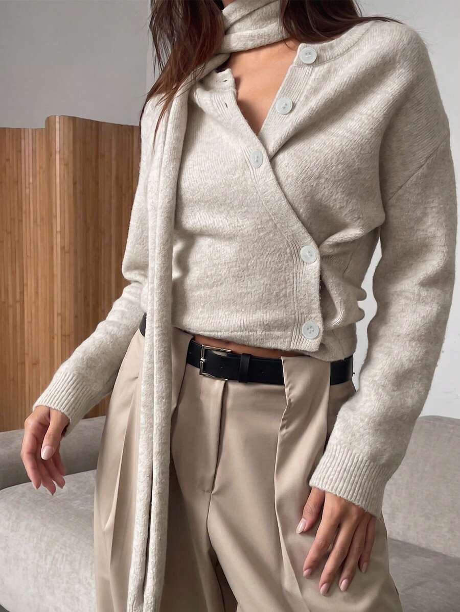 Ahlsen Nova Women Wrap Button Front Knit Cardigan With Matching Scarf Long Sleeve Drop Shoulder Casual Sweater Jacket - Apricot - View 1