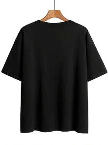 Ladies Apple Leaf Printed Tee, Breathable Round Neck Short Sleeve Casual Top For Summer And Autumn - 黑色 - 查看 2