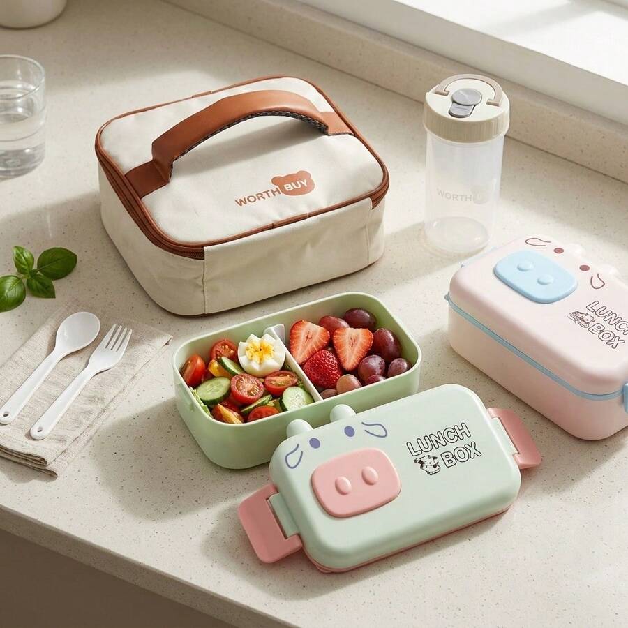Cartoon Bento Box Adult, PP Plastic Microwavable Lunch Containers, Meal Prep Containers With Dividers, Travel Food Containers With Lids, Bento Box With Lunch Bag Water Bottle Fork Spoon, School Student Lunch Set - Multicolor - View 1