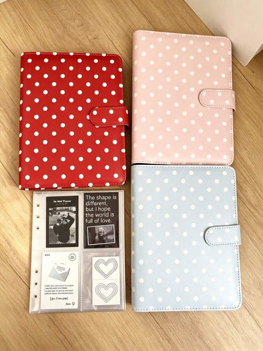 A5 Polka Dot Small Card Storage Album, 4-Pocket 6-Ring Cute Card Collection Binder, PU Leather Cover, Suitable For 2x3 Inch Photo Cards/Trading Cards (Pink/Black/White/Blue/Red) - Rectangle - View 1
