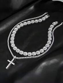 Crystal Tennis Chain And Cross Pendant Set, Paired With Iced-Out Cuban Necklace, Unisex, Suitable For Party And Daily Wear - Silver - View 3