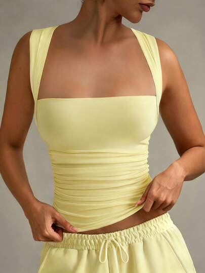 XLLAIS Fashion Top de Alças Ajustado com Gola, Branco, Casual para Férias, Adequado para Todas as Estações, Amarelo de Verão, Estilo Descomplicado