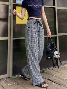 Contrast Plaid High Waist Straight Leg Loose Ruffled Drawstring Casual Women Pants, Spring/Summer - Black and White - View 4