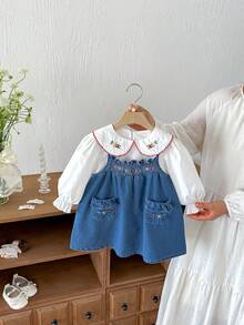 Miniweenns Infant & Toddler Girls Spring/Autumn Denim Embroidered Pinafore Dress With Double Pockets + Embroidered Collar Versatile Blouse, Casual 2-Piece Set - Blue and White - View 4