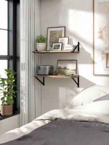 1pc/3pcs Industrial Style Faux Wood Wall Hanging Shelf, Black Iron Triangle Bracket Wall Shelf, Bedroom Study Books & Plants Multi-Layer Display Storage Rack - Multicolor - View 5