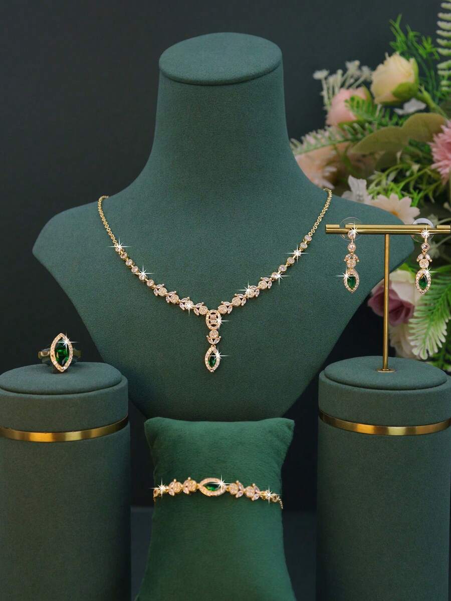 5pcs 18K Gold Plated Luxury Series Elegant Style Water Drop Design Necklace Bracelet Earrings Ring Set Suitable For Women Daily Wear Date Party Friends Gift