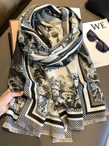 1pc Patterned Scarf For Women, Winter Warm Versatile Shawl, Dual-Use Air-Conditioned Room Office Cape, Long Thick Neck Warmer - Black - View 1