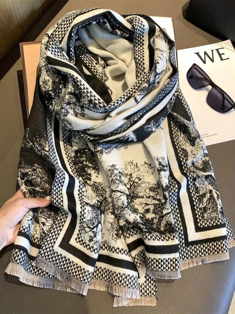 1pc Patterned Scarf For Women, Winter Warm Versatile Shawl, Dual-Use Air-Conditioned Room Office Cape, Long Thick Neck Warmer - Black - View 1