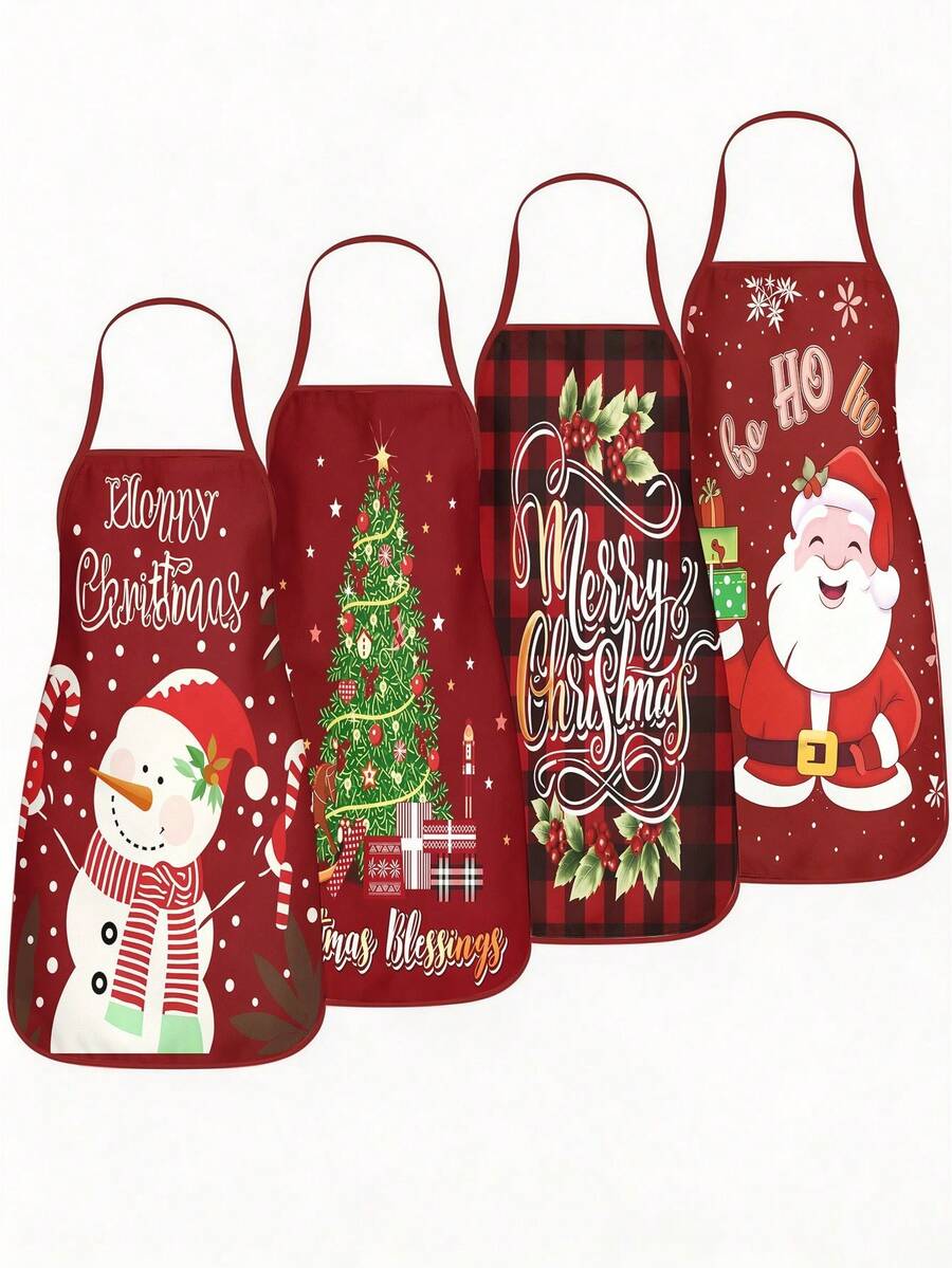 Set Of 4 Funny Christmas Aprons, A Christmas Kitchen Chef Cooking Apron, A Cute Santa Claus Baking Apron, A Christmas Party Gift Set, Suitable For Cooking, Baking, Barbecuing, And Christmas Party Decoration - Multicolor - View 1