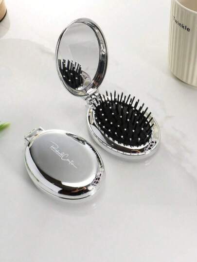 1pc Shiny Electroplated Silver Oval Folding Pocket Comb With Built-In Small Mirror, Compact Portable Travel Comb For Bags, Unisex