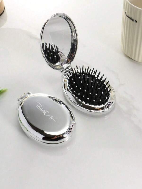 1pc Shiny Electroplated Silver Oval Folding Pocket Comb With Built-In Small Mirror, Compact Portable Travel Comb For Bags, Unisex