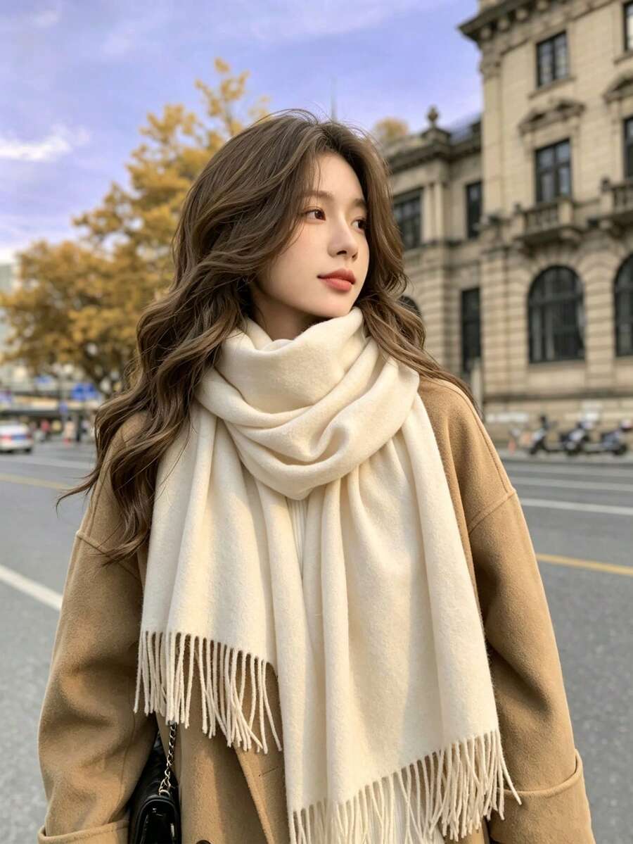 1pc Plaid Scarf, Winter Warm Neck Protection, Thick Anti-Pilling Wool Knit Tassel Shawl, Winter Scarf - Multicolor - View 1