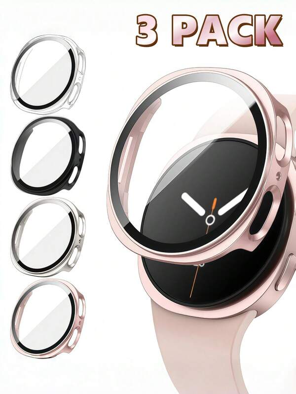 3 Paket Casing 3 in 1 dengan Pelindung Layar Kaca Tempered Kompatibel dengan Galaxy Watch 8/9 40mm 44mm Ultra-Tipis Cakupan Penuh Hard PC Anti Gores Definisi Tinggi Casing Pelindung Galaxy Watch 8/9 44mm 40mm Aksesoris Olahraga Watch 9 Watch 8 Pria/Wanita, Hitam/Bening/Emas Mawar/Starlight