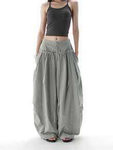 Slouchy Minimalist Design Frill Trim Pleated Drawstring Slimming Curved Leg Versatile Casual Long Pants - Grey - View 1