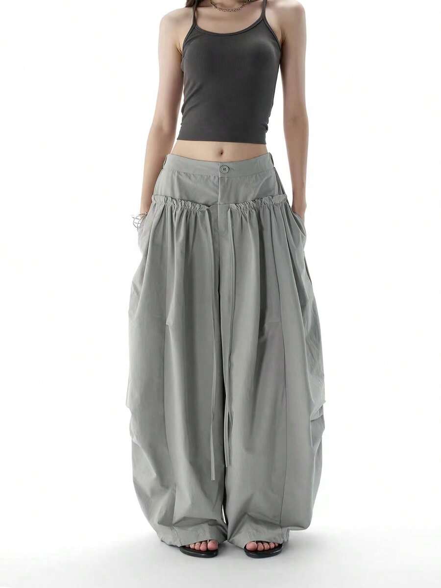 Slouchy Minimalist Design Frill Trim Pleated Drawstring Slimming Curved Leg Versatile Casual Long Pants - Grey - View 1