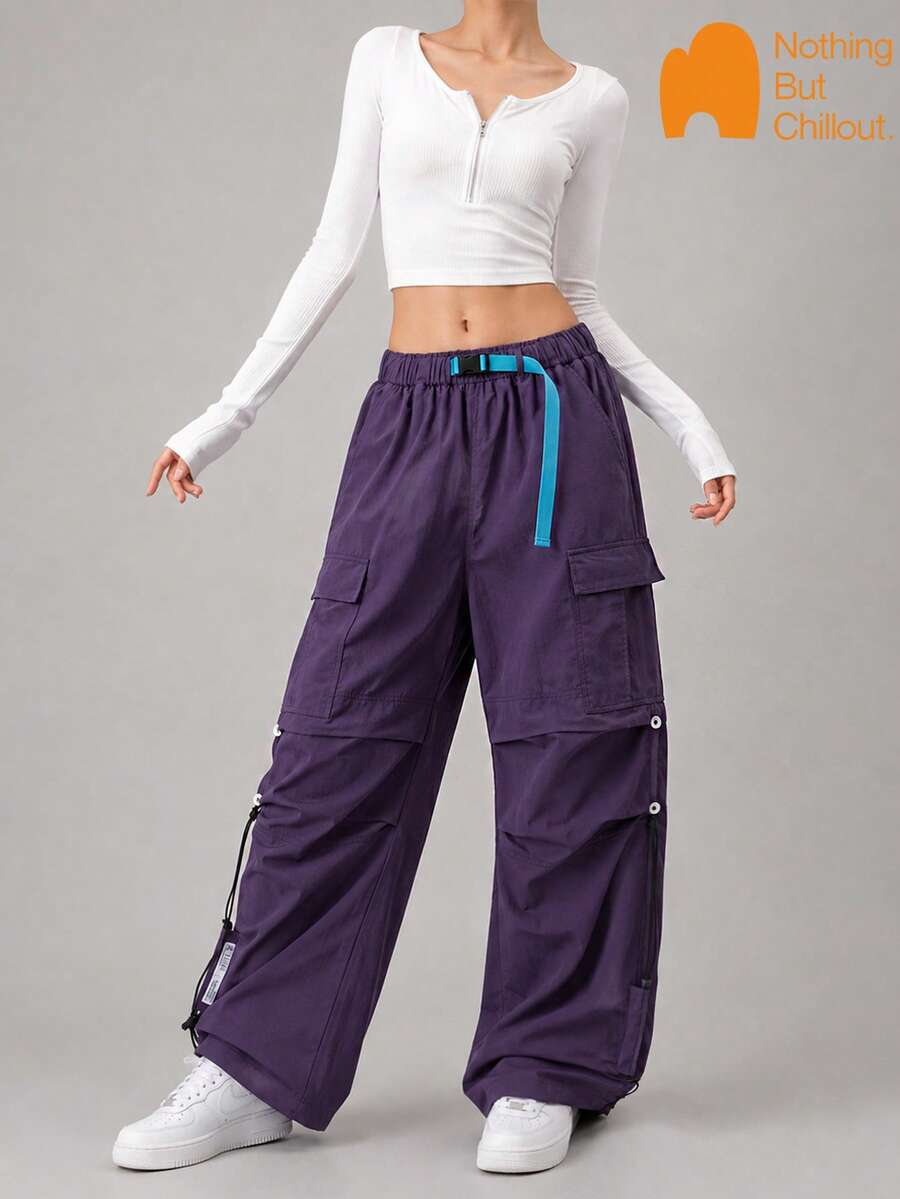 NBCT Women's Outdoor Functional Cargo Wide Leg Pants With Contrast Drawstring Waistband, Multi-Pockets, Hiking Casual Long Pants - Purple - View 1