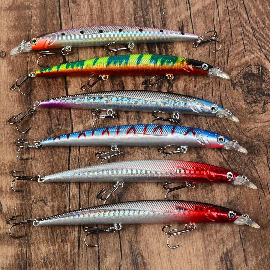 6pcs Floating Minnow Lures, With 3 Hooks, With Rattles, Artificial Bait, Surface Lure, Suitable For Bass And Pike - Multicolor - View 1