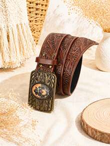 1pc Western Style Frog Pattern Unique Vintage Floral Print Women's Belt, Suitable For Jeans, Music Festival Daily Wear - Frog Buckle Brown - View 7