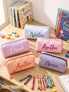 1pc Customized Bubble Fabric Stationery Bag, Jewelry Storage Bag, Embroidered Name Customizable, Fashion Flap Design, Pen Case, Makeup Bag, Coin Purse, Supports Name And Other Text Customization, Multiple Embroidery Thread Colors Available - Multicolor - View 2