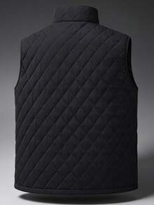 1pc Men's Spring/Autumn Stand Collar Diamond Quilted Vest, Sleeveless Waistcoat, Solid Color Outdoor Commute Daily Wear Jacket - Black - View 5