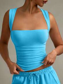 XLLAIS Women's White Fold-Collar Ribbed Knit Tank Top, Fitted Summer Casual Top - Sea Blue - View 2