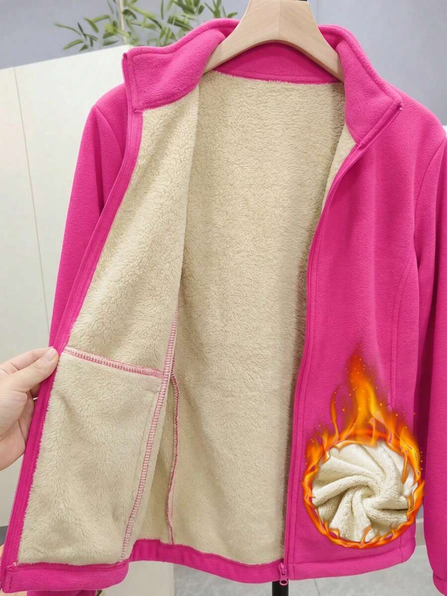 女款秋冬純色羊羔絨夾克,雙面珊瑚絨拉鍊外套,內建口袋,簡約運動風 - 玫紅色 - 查看 1