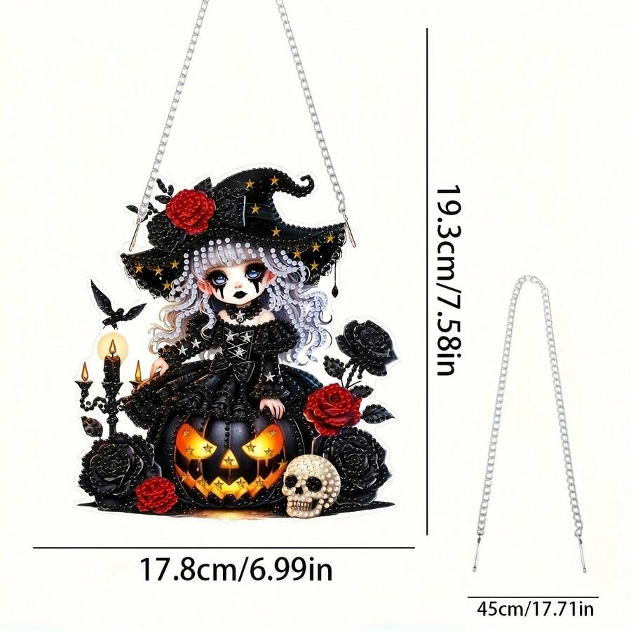 1套 2D/平面壓克力吊飾鑽石畫工具組 - DIY萬聖節戴帽小女孩與發光南瓜骷髏設計,特殊形狀鑽石鑲嵌手工吊飾包裝,節日派對裝飾禮物,適用於居家、花園牆面或門口,節日牆面藝術 | 萬聖節裝飾 | 精緻設計,萬聖節裝飾 - A - 查看 1