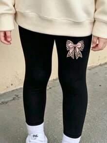 Young Girl Bow Print Crew Neck Long Sleeve Top And Leggings - Apricot - View 3
