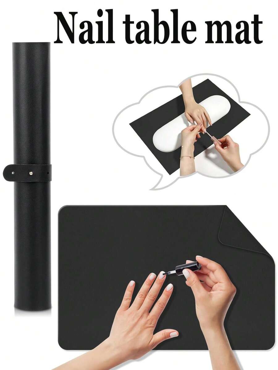 1pc Solid Color Minimalist Style Nail Polish Desk Mat, Anti-Slip, Foldable Microfiber PU Leather Black Manicure Table Mat, Suitable For Nail Salon And Home Use - Black - View 1