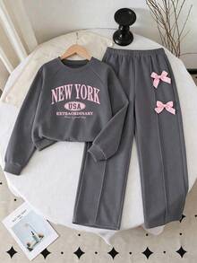 Tween Girl Letter Print Crew Neck Sweatshirt And Bow Decor Long Pants - Dark Grey - View 2