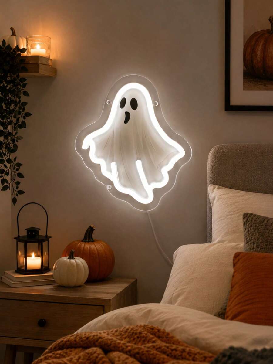 1PC USB-Powered LED Neon Light Cute White Ghost Sign With Glowing Outline And Expressive Face For Halloween Party, Dorm, Bedroom, Bar, Game Room And Spooky Season Decor - Multi-color light - View 1