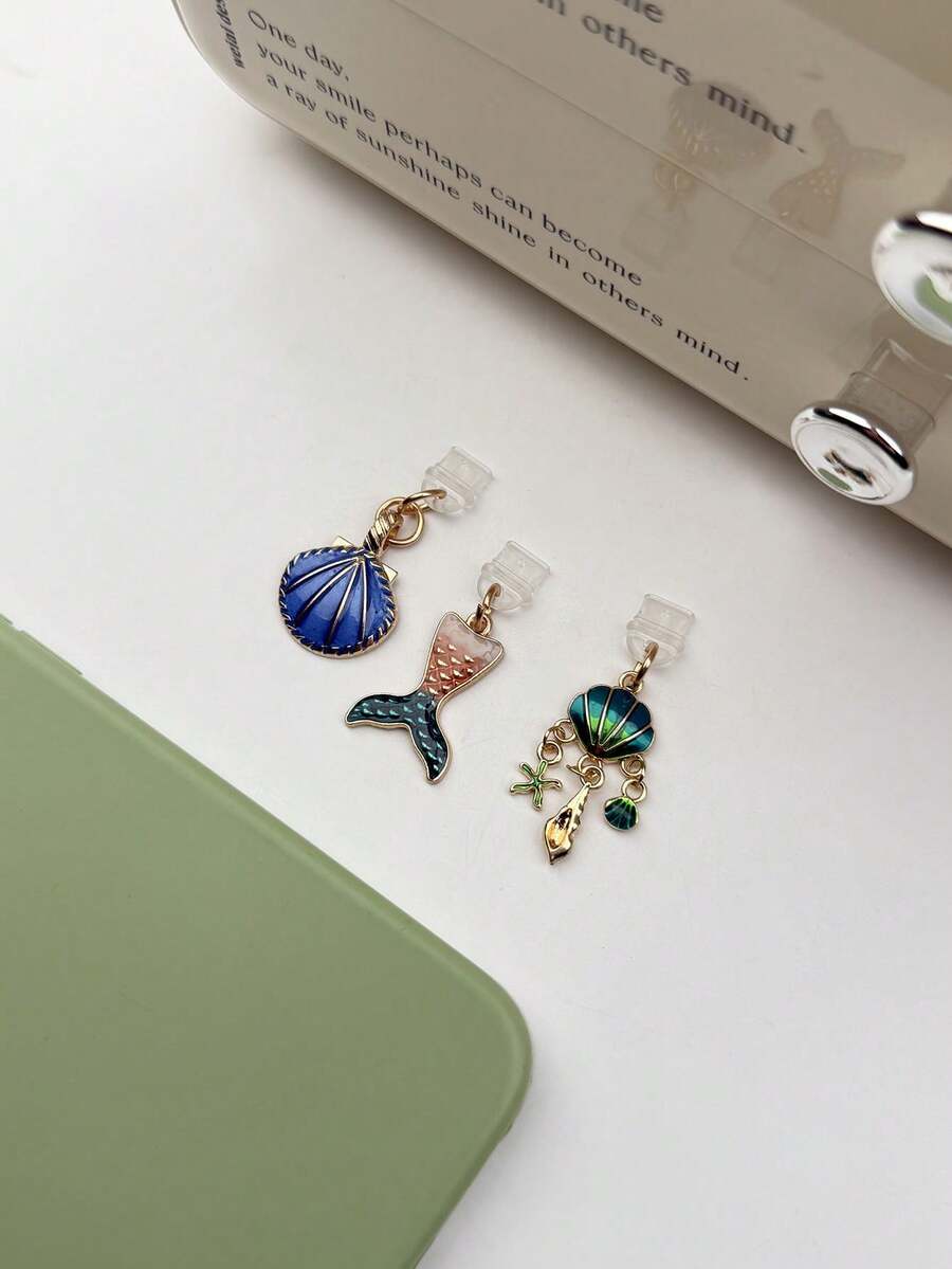 2pcs/3pcs Elegant Deep Sea Color Shell Pendant Dust Plug, Premium Alloy Oil-Drip Shell Starfish Fish Tail Phone Dust Plug Charm, Simple Convenient Universal Phone Earphone Hole Charging Port Dust Plug Waterproof Dust Plug - Multicolor - View 1